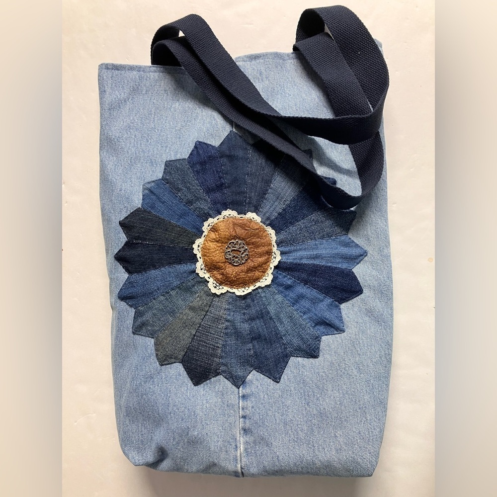 Handmade/Upcycled Dresden Plate Pattern Denim Shoulder Bag/Tote Bag, Blue/Brown